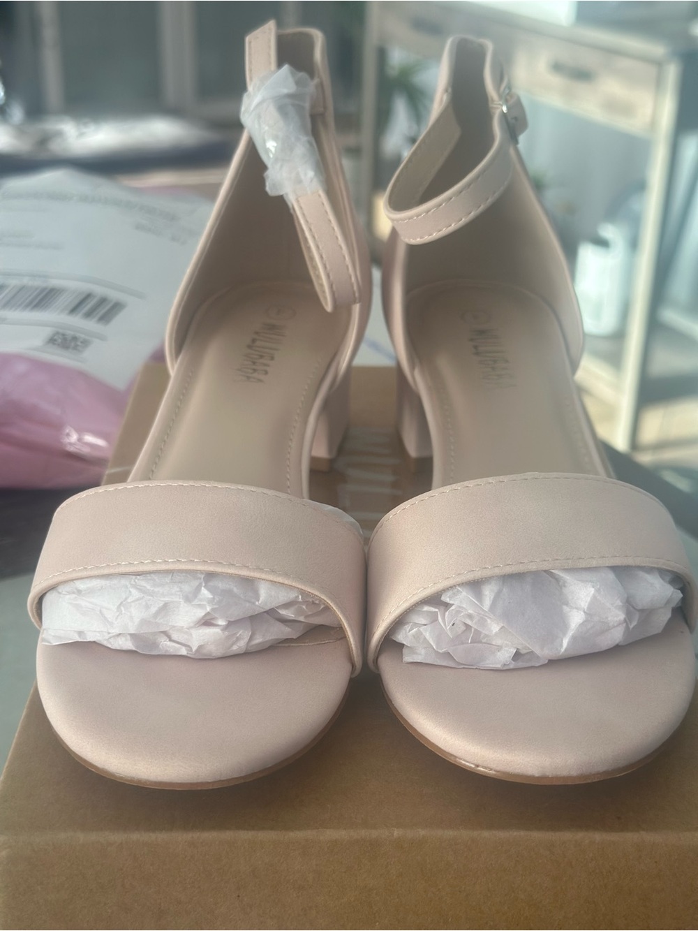 Ankle-Strap Block Heel Sandals in Blush Pink